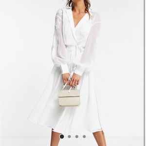 ASOS Design embroidered wrap midi dress with satin and lace trim detail US 8